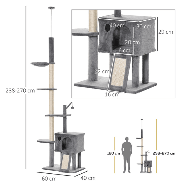 Rascador de árboles para gatos para fijar al techo Altura ajustable 238-270 cm con red Cueva Rampa Bola colgante 60x40x270 cm Gris claro