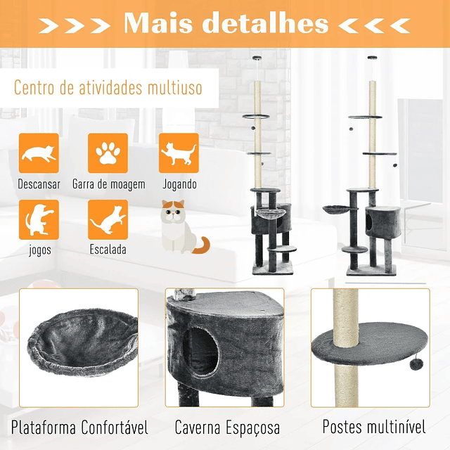 Árbol Rascador para Gatos 220-245 cm Altura Regulable a Techo con Plataformas Gris Oscuro