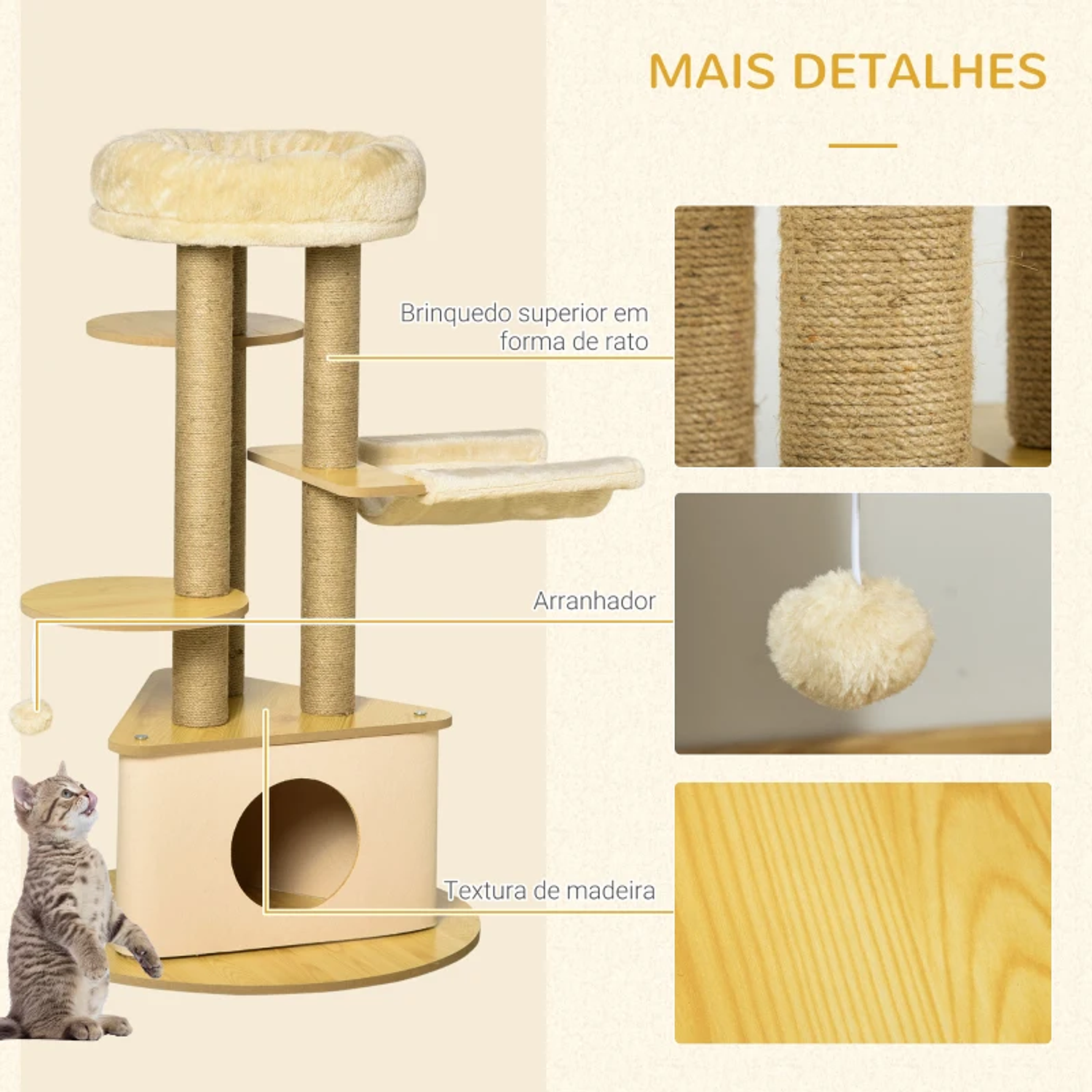 Árbol Rascador para Gatos Ø60x99 cm con Fieltro Extraíble Cueva Triangular Cama Lavable Hamaca Postes Rascadores de Yute y Bola Suspendida Beige y Natural 3