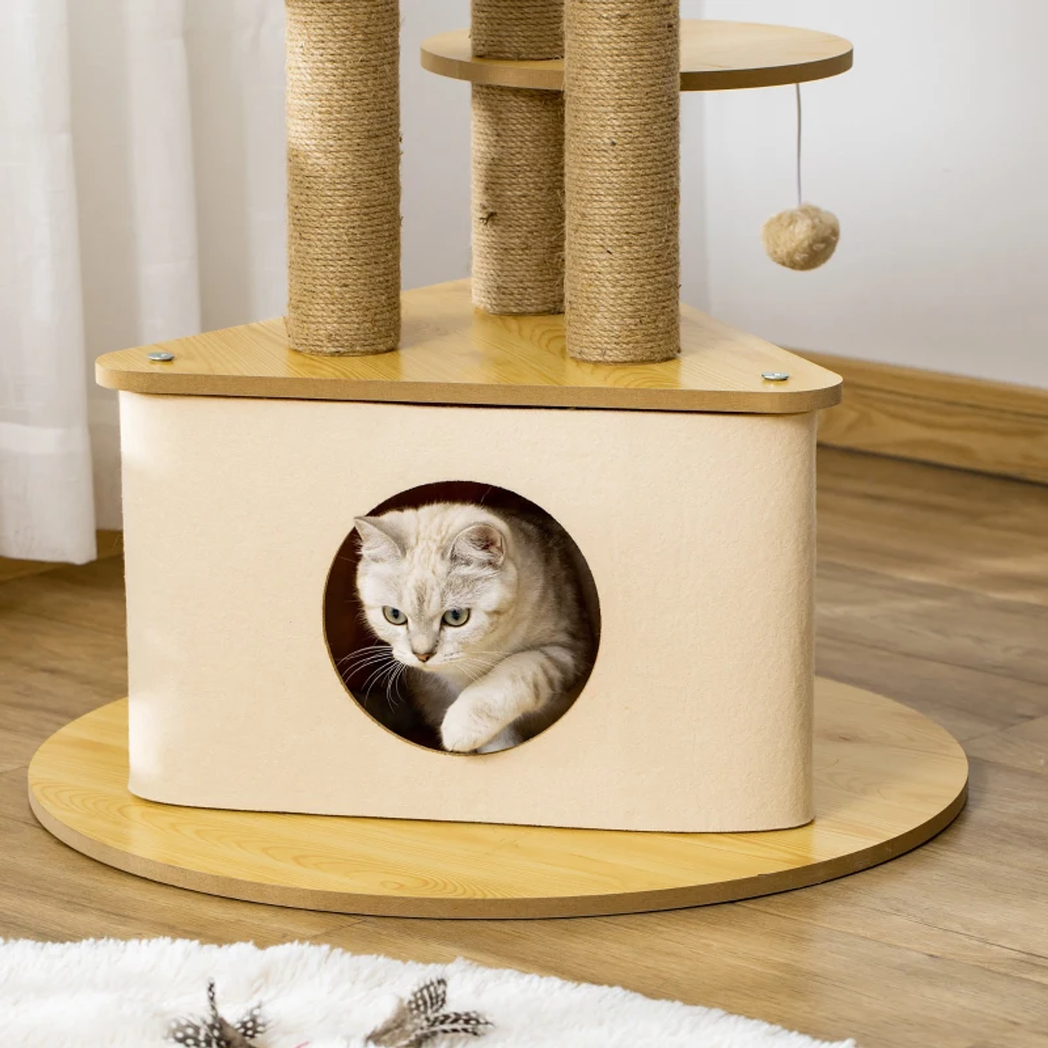 Árbol Rascador para Gatos Ø60x99 cm con Fieltro Extraíble Cueva Triangular Cama Lavable Hamaca Postes Rascadores de Yute y Bola Suspendida Beige y Natural 11