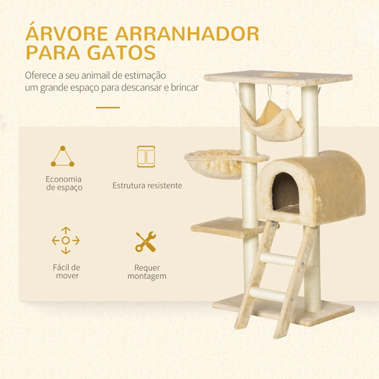 Rascador para Gatos Cesta Nido Hamaca Plataforma Casa y Escalera Terciopelo y Sisal Natural 54x29,5x98 cm Beige 3