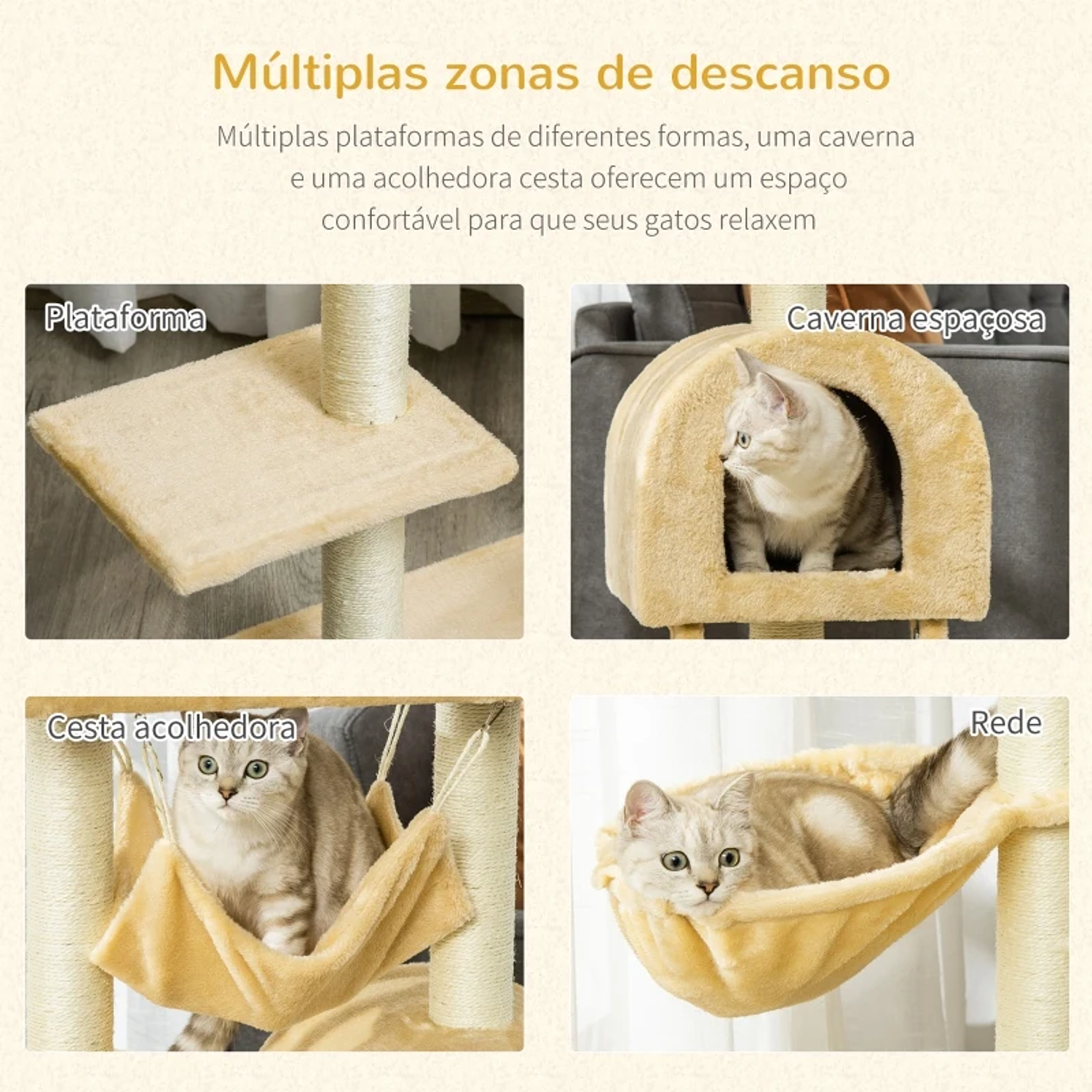 Rascador para Gatos Cesta Nido Hamaca Plataforma Casa y Escalera Terciopelo y Sisal Natural 54x29,5x98 cm Beige 5