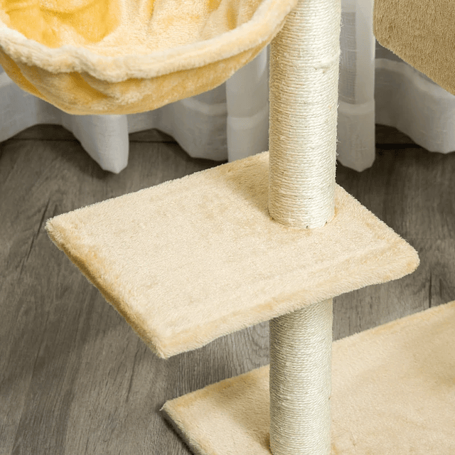 Árvore para Gatos Arranhador com Poste Ninho Cesta Rede Plataforma Casa e Escada de Veludo e Sisal Natural 54x29,5x98 cm Bege