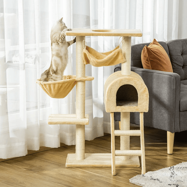 Cat Tree Scratching Post Nest Basket Hammock Platform House and Stairs in Velvet and Natural Sisal 54x29,5x98 cm Beige