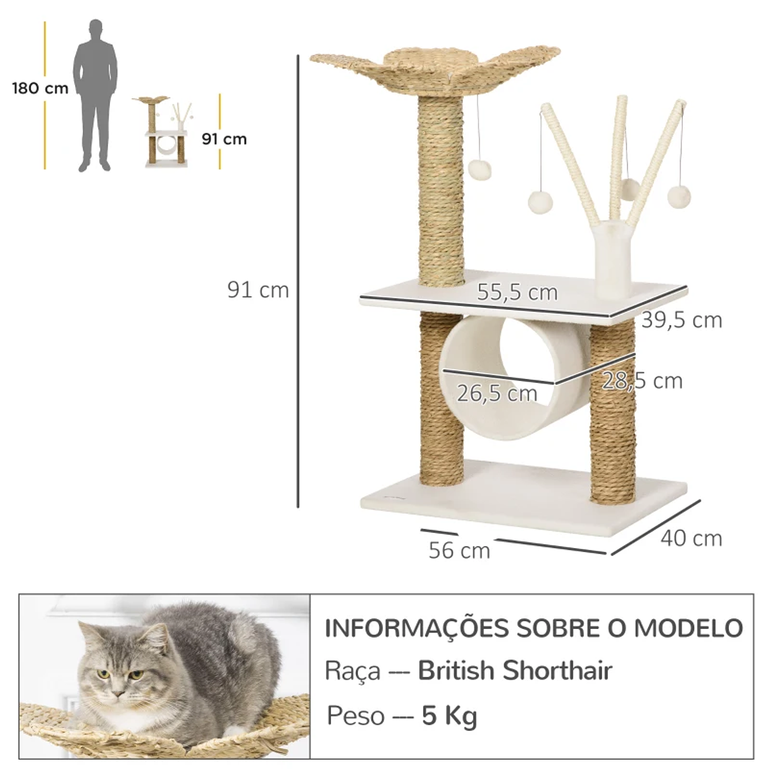 Medium Cat Scratching Tree Height 91cm Cat Tower with Flower Shaped Bed Platforms Tunnel Scratching Posts and Hanging Balls 56x40x91cm White and Beige 2