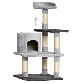 Large Scratching Cat Tree with Play Platforms covered in gray plush 48x48x100 cm