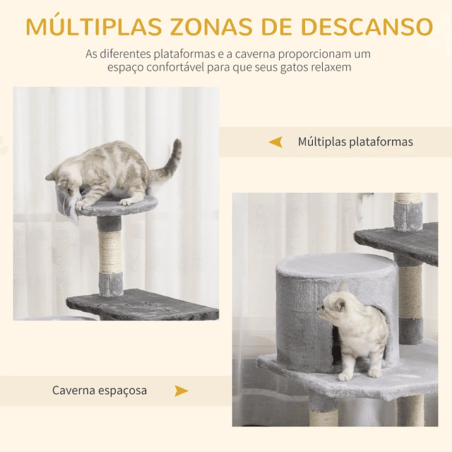 Rascador grande para gatos con plataformas de juego revestido de felpa gris 48x48x100 cm