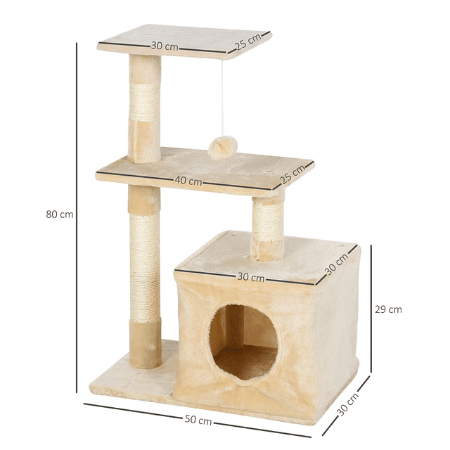 Scratching tree for cats with poles platforms shelter ball hanging beige