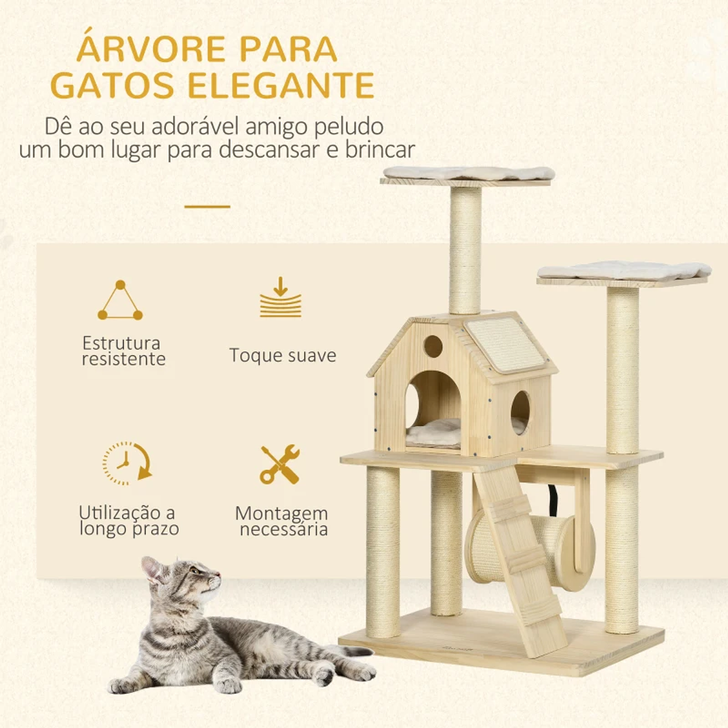 Árvore Arranhador para Gatos com Cama Almofada Lavável Caverna Rolo Postes de Sisal e Rampa 70x50x125cm Madeira 8