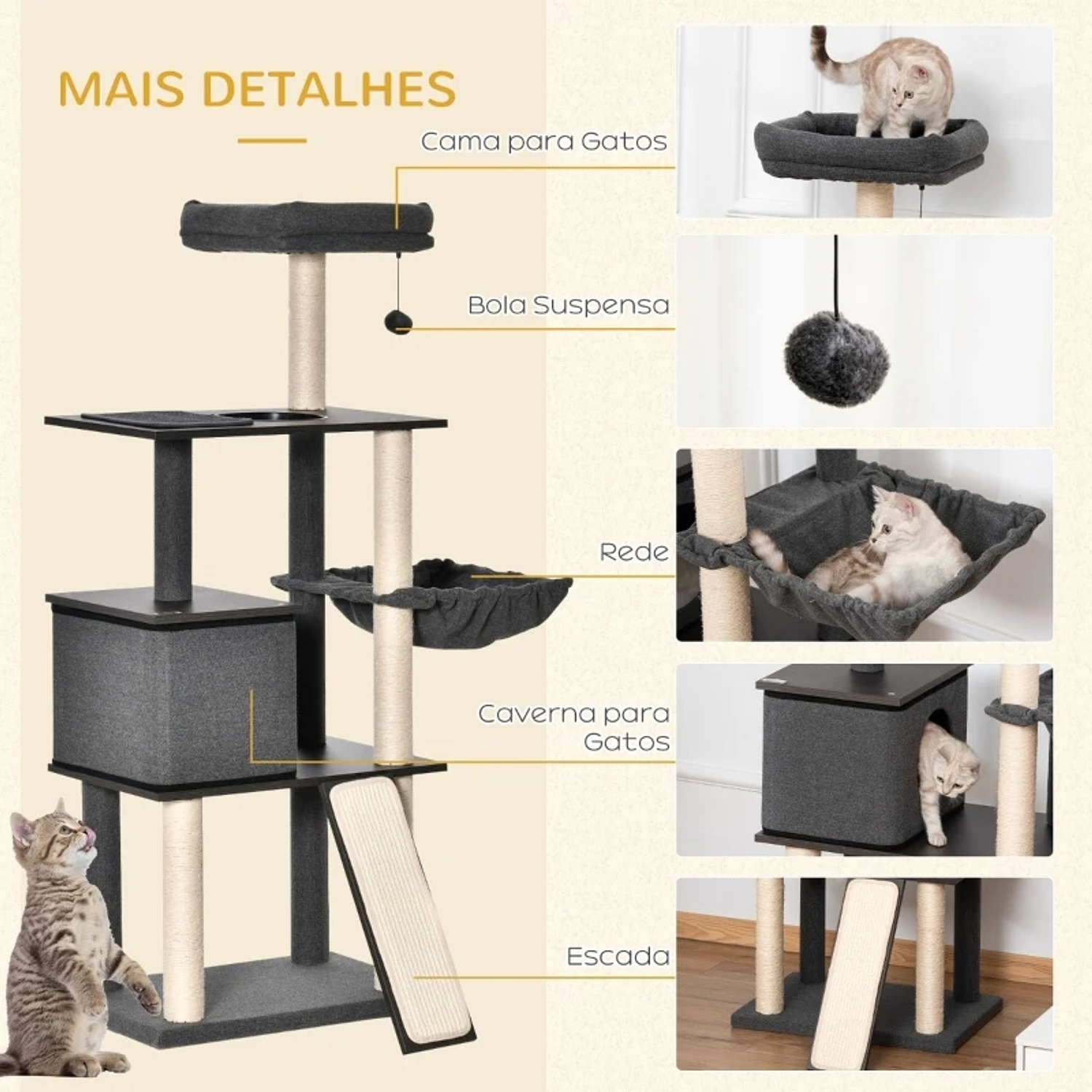 Árbol para gatos de gran altura 146 cm con plataformas Cueva de fieltro extraíble Postes rascadores de sisal Hamaca Cojines lavables Rampa y pelota de juguete 60x40x146 cm Gris oscuro 5