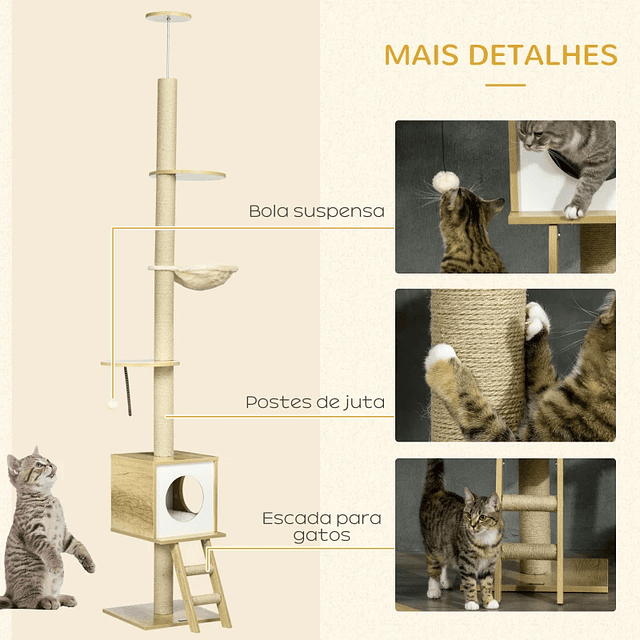 Árvore para Gatos do Chão ao Teto 220-260cm com Altura Ajustável Plataformas Rede Caverna Poste de Juta 40x40225-285cm Bege