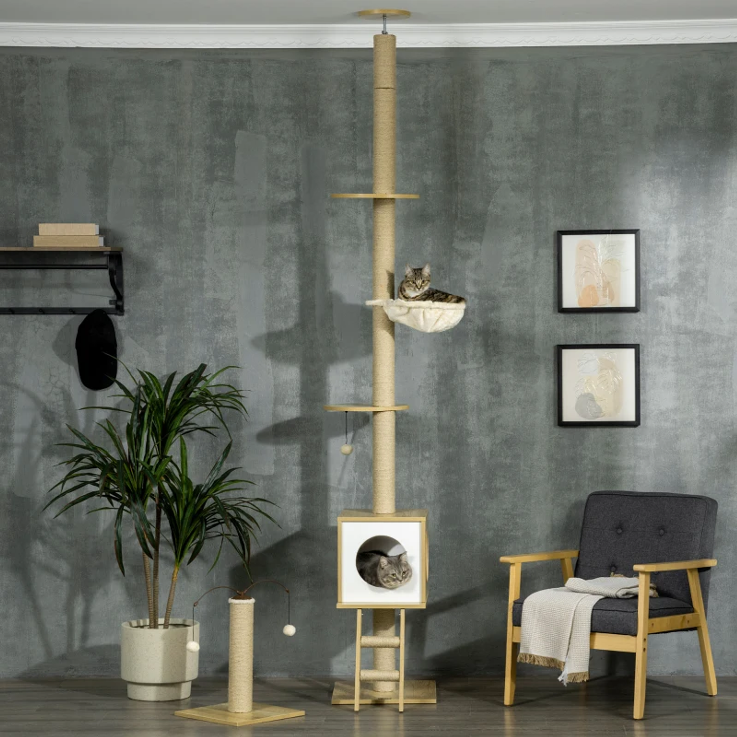 Árbol para gatos de suelo a techo 220-260 cm con plataformas de altura ajustable Hamaca Cueva Poste de yute 40x40225-285 cm Beige 7