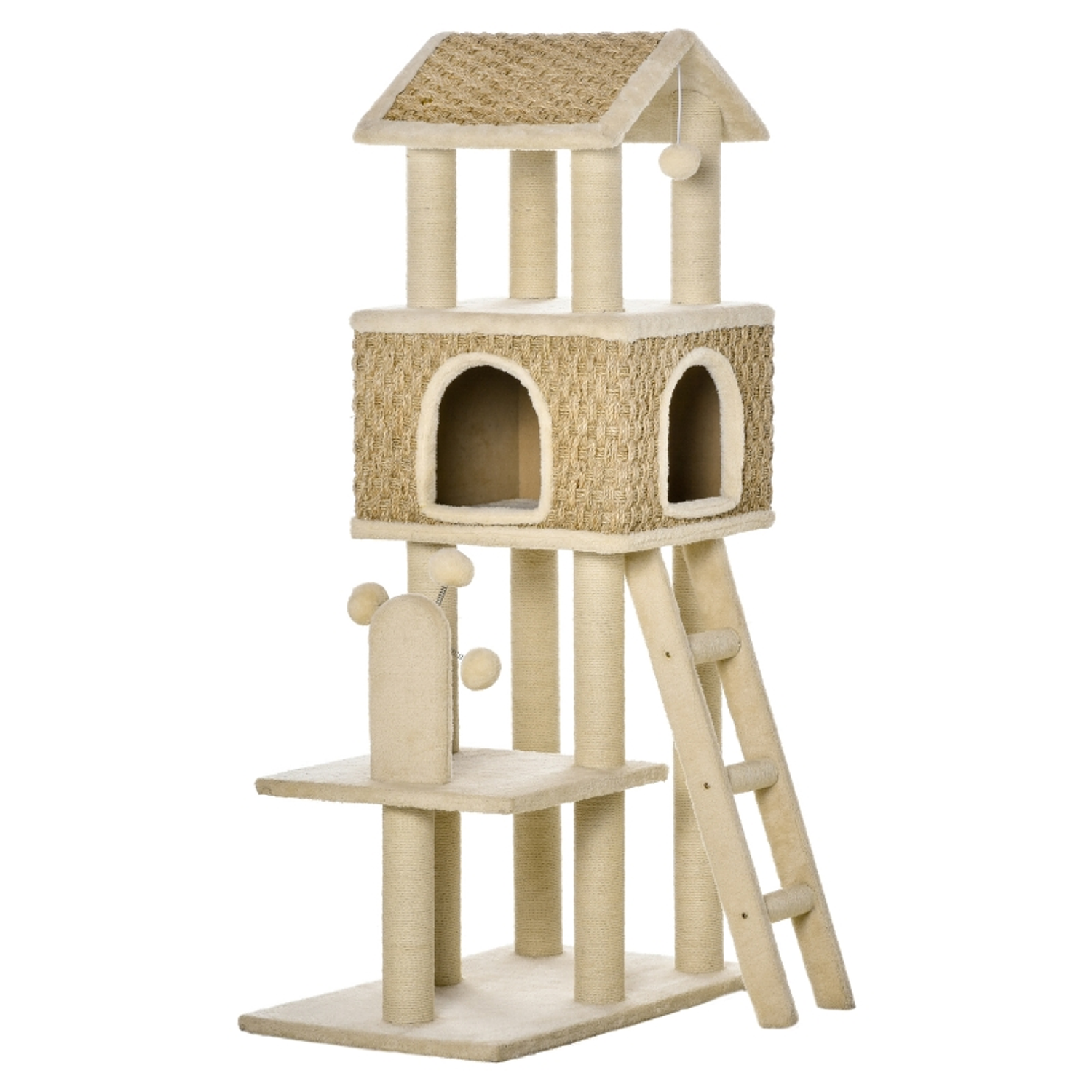 Árbol rascador para gatos Altura grande 131 cm con cueva Postes de sisal natural Plataformas de bolas colgantes y molino de viento de juguete 69x40x131 cm Beige 1