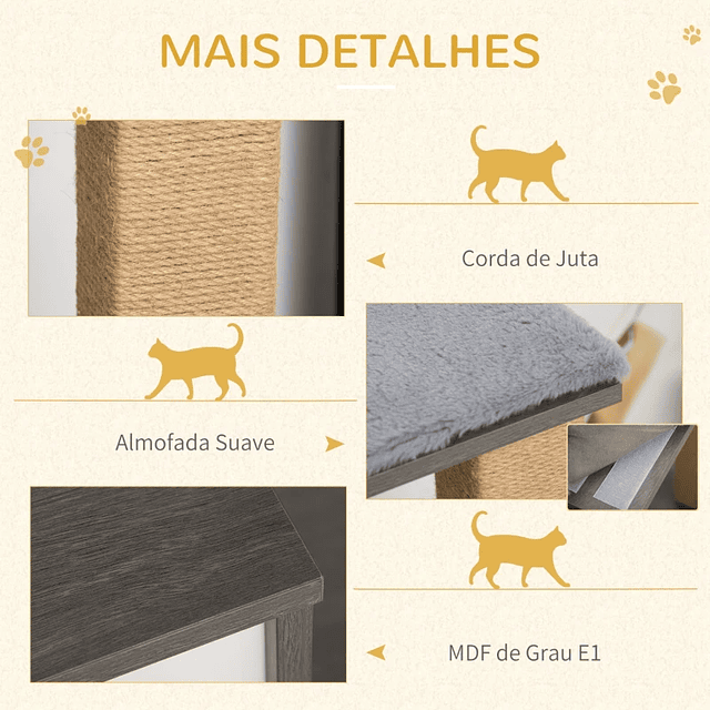 Árvore para Gatos de Madeira Altura 93cm com 2 Cavernas Removíveis Plataformas Postes Arranhadores e Juta Natural e Múltiplas Entradas para Descansar 77x39x93cm Cinza