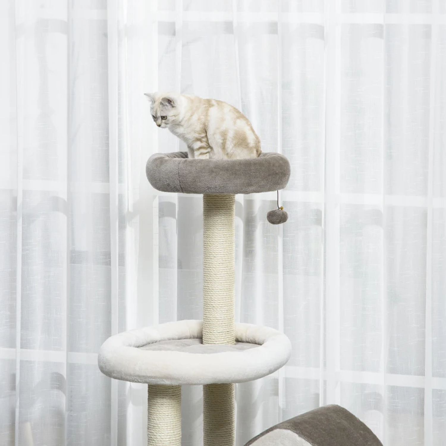 Árbol rascador para gatos de gran altura 149 cm con cueva Cama superior Múltiples plataformas de felpa Postes de sisal y pelota de juguete 60x60x149 cm Marrón y beige 7