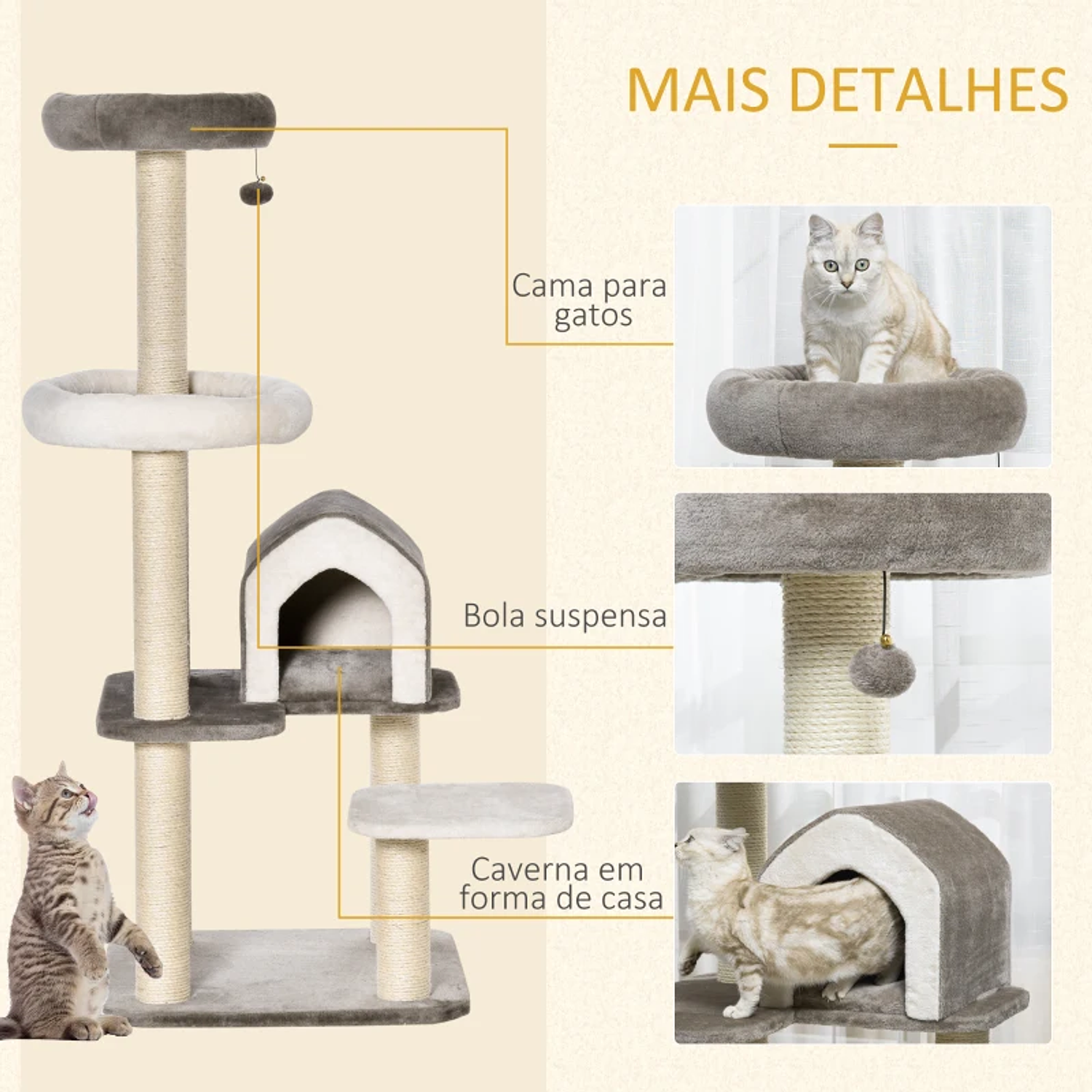 Árbol rascador para gatos de gran altura 149 cm con cueva Cama superior Múltiples plataformas de felpa Postes de sisal y pelota de juguete 60x60x149 cm Marrón y beige 4