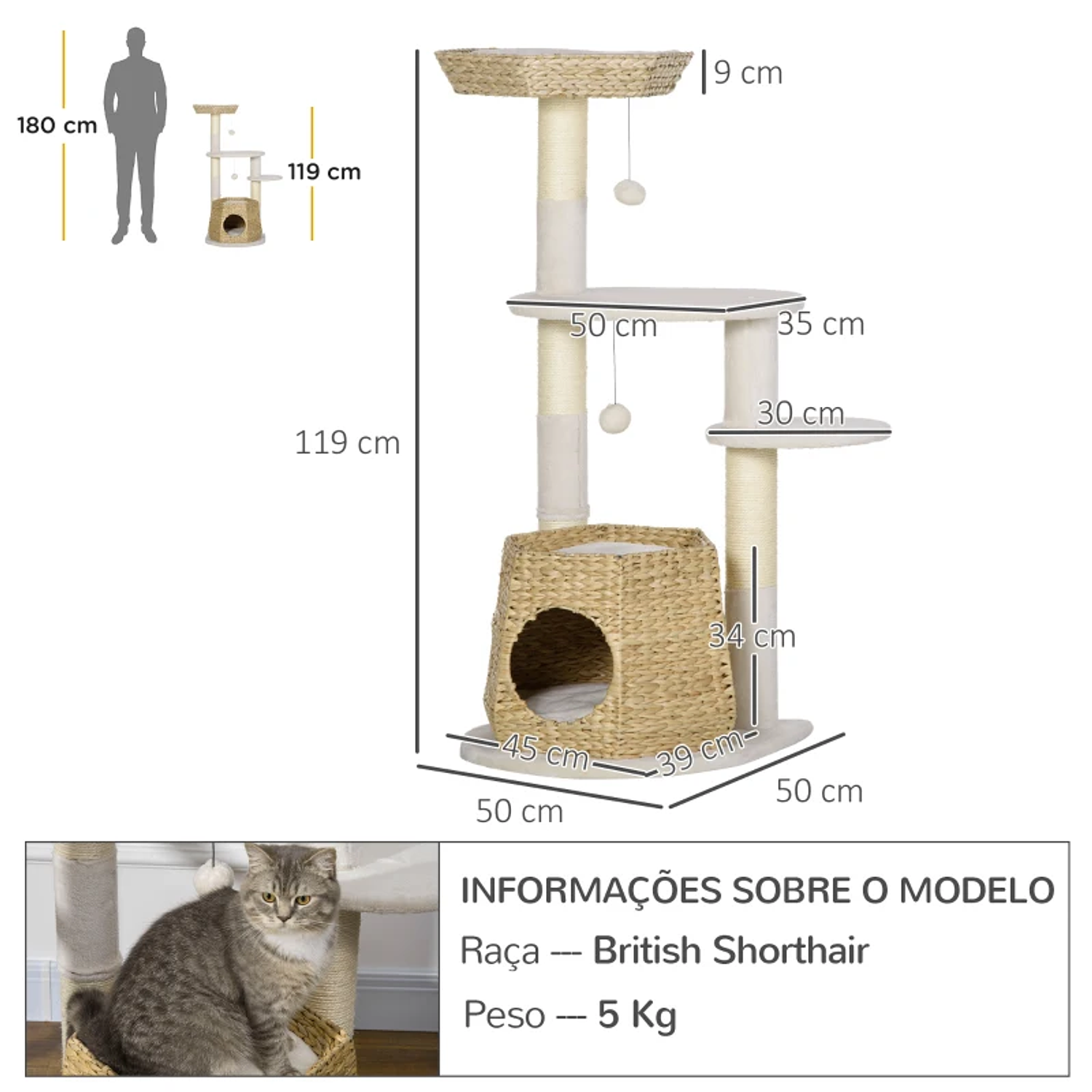 Scratching Tree for Medium Cats Height 119cm Tower for Cats with Superior Bed Cushions 2 Platforms Sisal Post Cave and Hanging Balls 50x50x119cm Beige and Cream 2