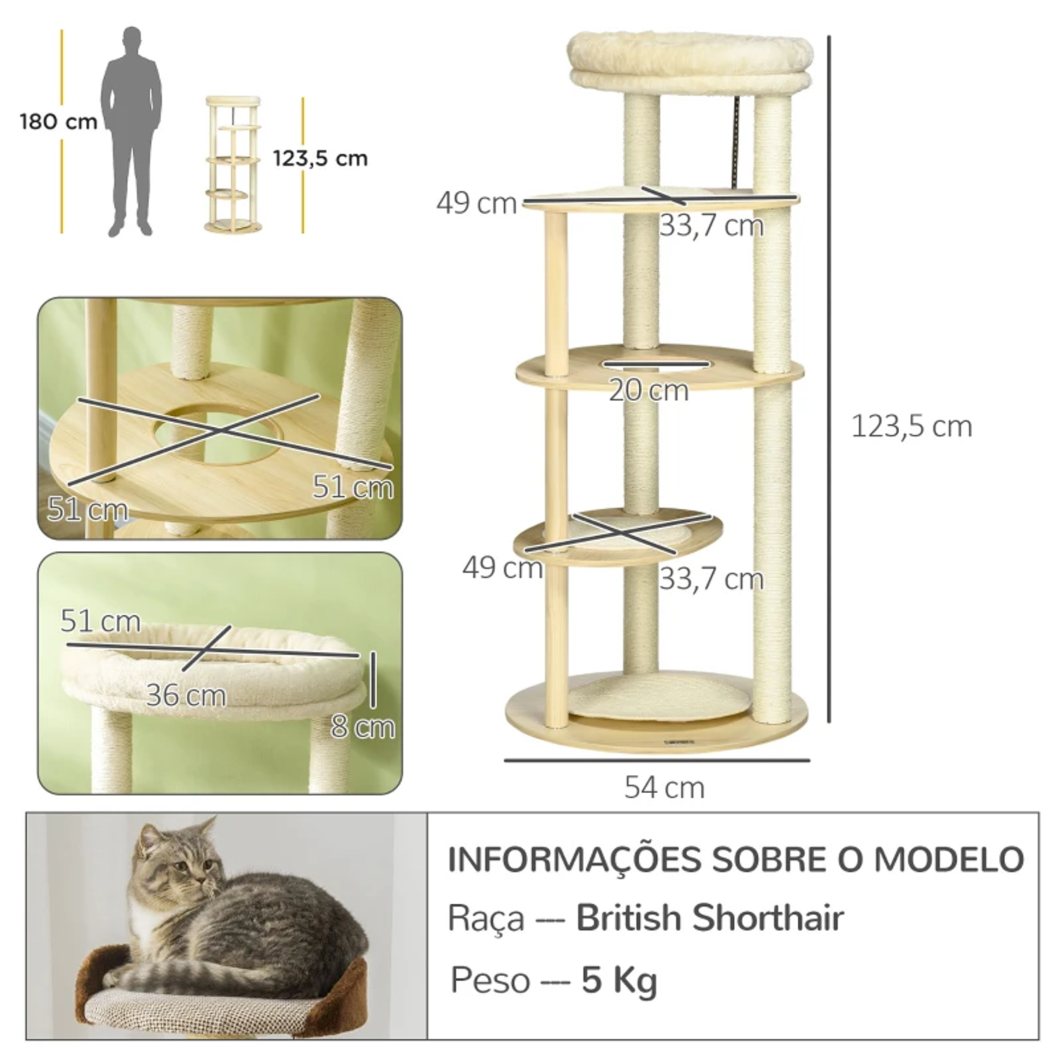 Wooden Cat Scratching Tree with Multiple Platforms Bed and Cushion Ø54x123,5 cm Oak 2