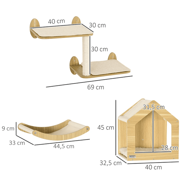 Estantes de Pared para Gatos 3 Piezas con Plataforma Hamaca Cueva y Poste de Sisal de Roble