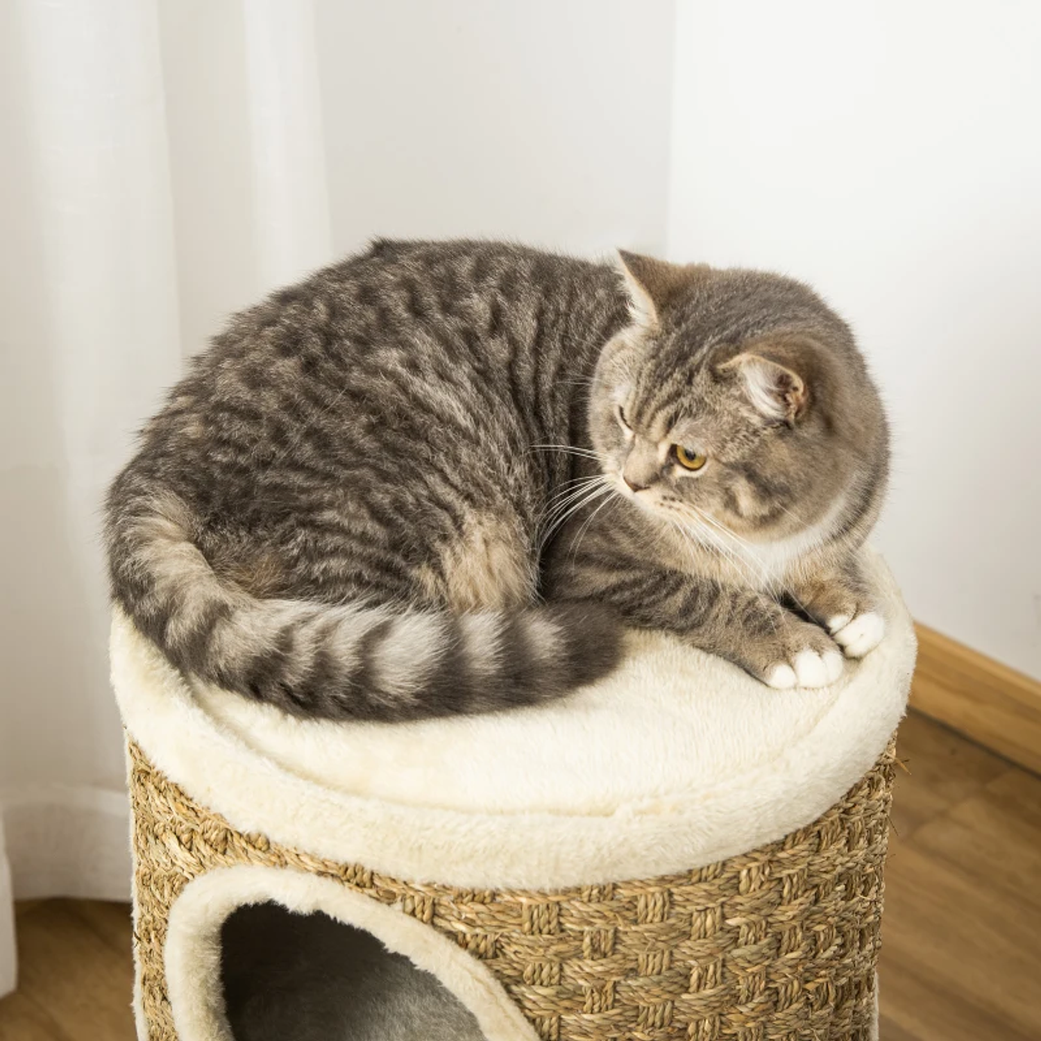 Cylinder Shaped Scratching Table for Cats with 3 Levels Platform and Comfortable Cave 37.5x37.5x70 cm Light Brown and Beige 9