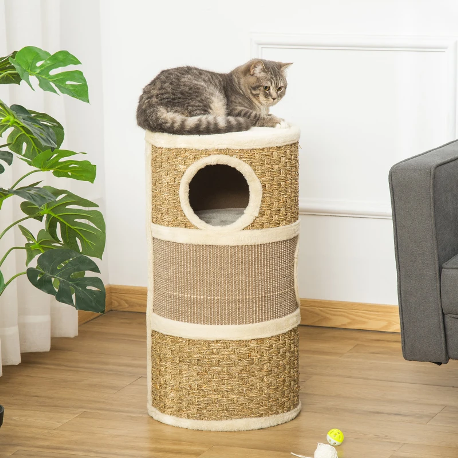 Mesa rascador para gatos en forma de cilindro con plataforma de 3 niveles y cómoda cueva 37,5x37,5x70 cm marrón claro y beige 4