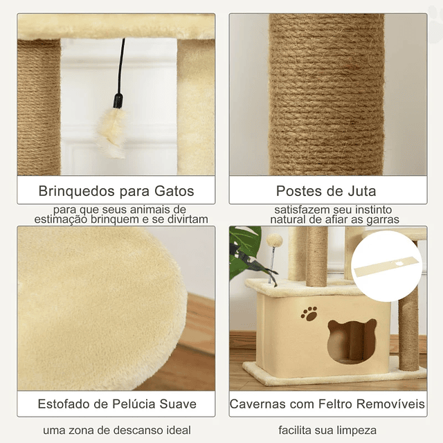 Mesa para rascar árboles para gatos Centro de actividades con plataformas Cuevas de felpa suave Postes para rascar de yute Juguete colgante de bola 60x34x136cm Beige