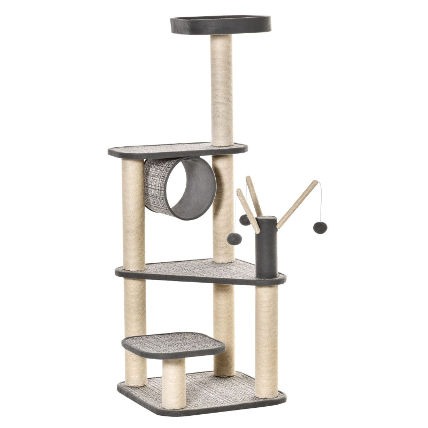 Torre trepadora grande para gatos con múltiples plataformas Túnel de cama superior Rascadores y juguetes de sisal natural 49x49x130 cm Beige y gris 1