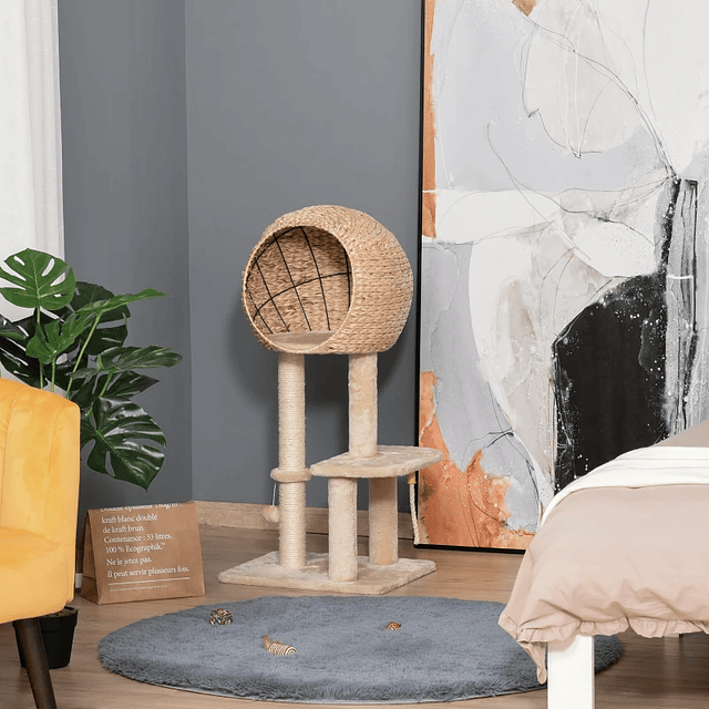 Scratching tree for cats Climbing tower with platforms Cave play rope Sisal pole 48x40x100 cm Beige