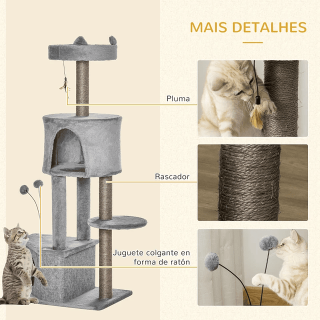 Árbol rascador para gatos 60x40x133cm Torre para gatos con cueva de fieltro extraíble Cama de felpa suave Rascadores y juguetes de sisal natural Gris