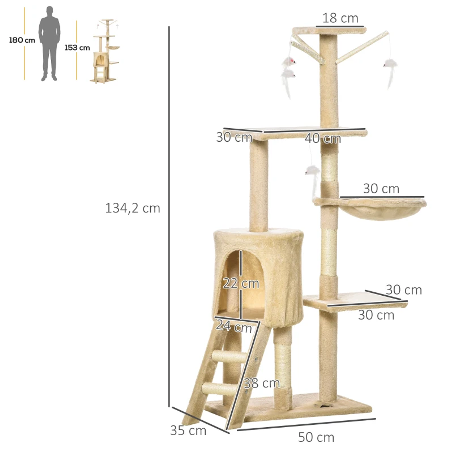 Árvore de gato Grande poste para arranhar com ninhos Plataformas 50x35x134,2 cm Coberto de pelúcia Bege 2