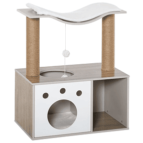 Árbol Rascador para Gatos Altura 74 cm con Plataformas Cave Ball Poste Rascador y Caja de Almacenamiento Madera Natural y Blanco