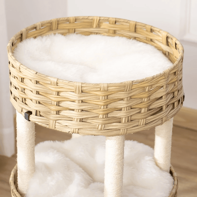 Árvore Arranhadora para Gatos de Vime Torre para Gatos Médios com Caverna 2 Camas Postes de Sisal Natural e Almofadas Laváveis de Pelúcia Suave Ø40,5x69 cm Natural