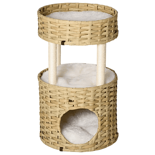 Árvore Arranhadora para Gatos de Vime Torre para Gatos Médios com Caverna 2 Camas Postes de Sisal Natural e Almofadas Laváveis de Pelúcia Suave Ø40,5x69 cm Natural