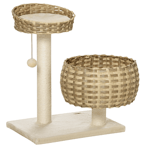 Árbol para gatos mediano con cama superior Cesta de mimbre sintético con almohadas Rascadores de sisal natural y pelota de juguete suspendida 54x40x70cm Beige