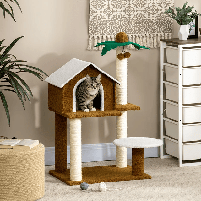 Árbol rascador para gatos con plataforma de felpa en forma de cocotero de sisal 55x40x89 cm marrón