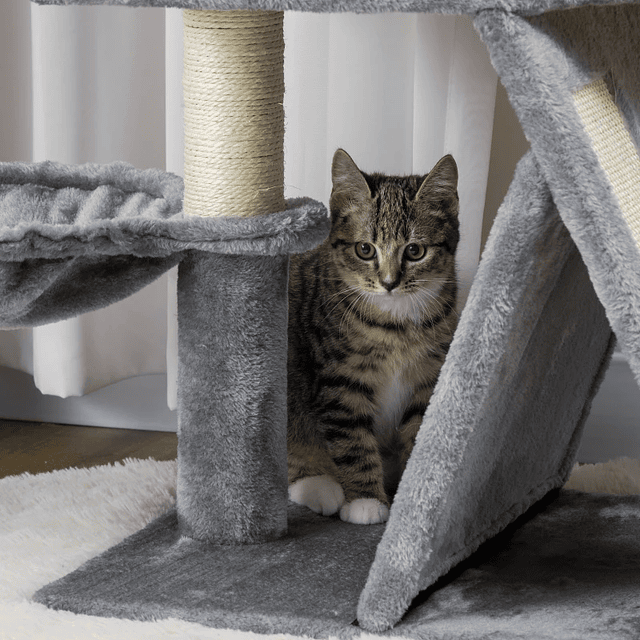 Árbol Mesa Rascador para Gatos Altura con Cama Cueva Hamaca Pelota Suspendida Postes de Sisal y Rampa 50x40x111cm Gris