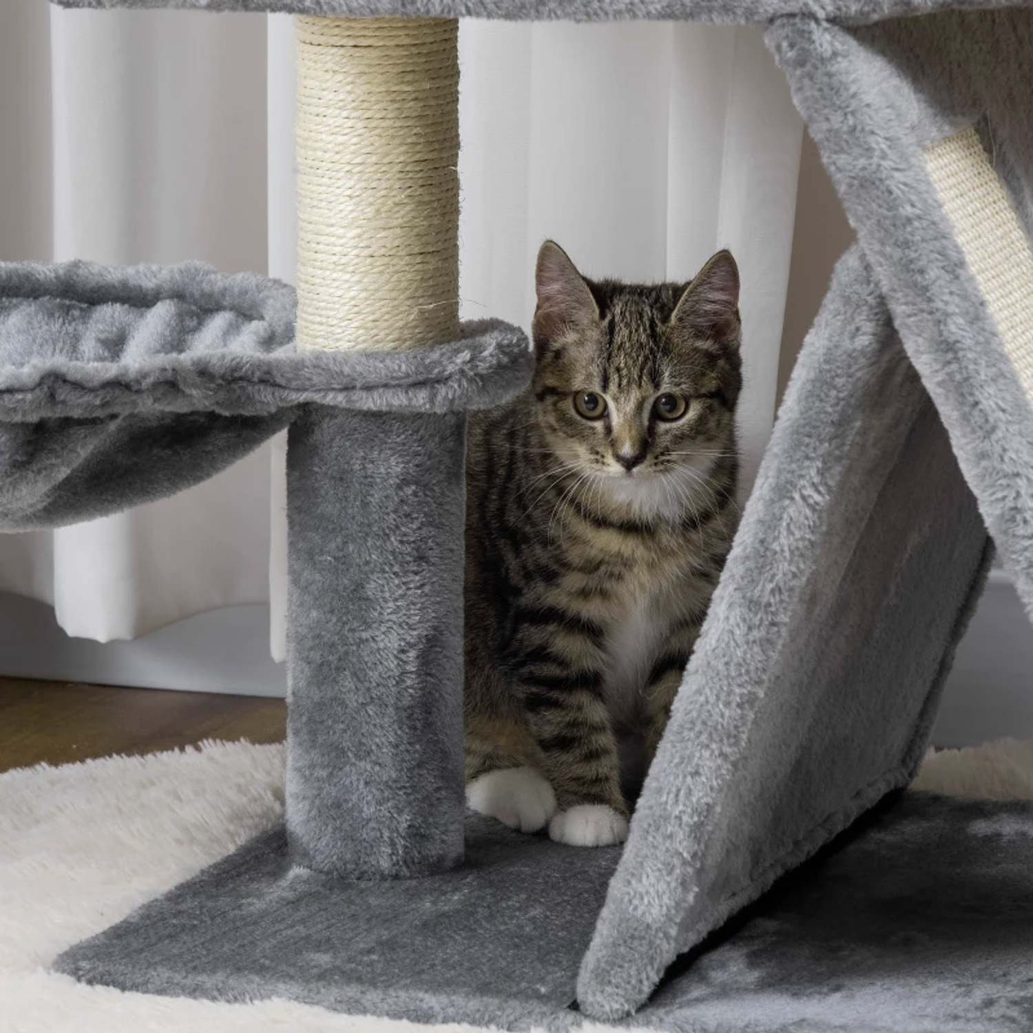 Árvore Arranhador para Gatos Altura com Cama Caverna Rede Bola Suspensa Postes e Rampa de Sisal 50x40x111cm Cinza 10