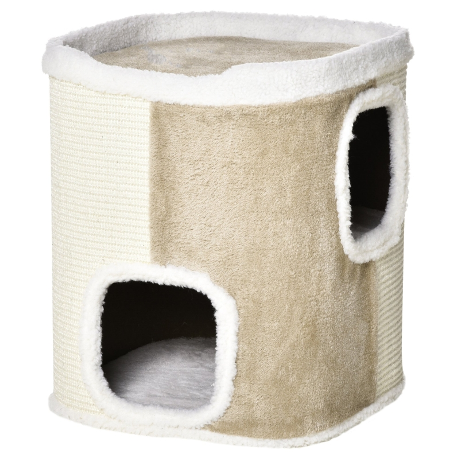 Rascador para gatos en forma de cilindro de 2 niveles con cueva de sisal y peluche 40x40x49 cm beige 1