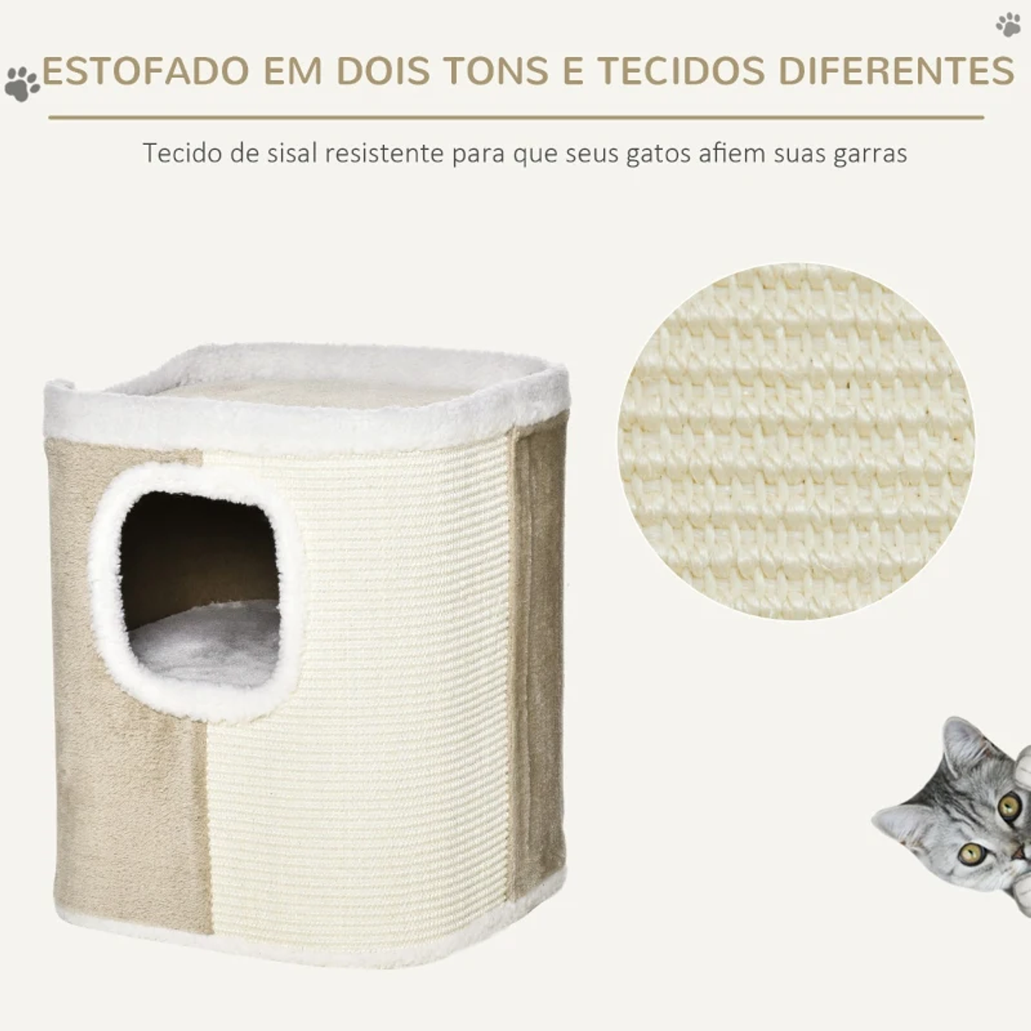 Rascador para gatos en forma de cilindro de 2 niveles con cueva de sisal y peluche 40x40x49 cm beige 4