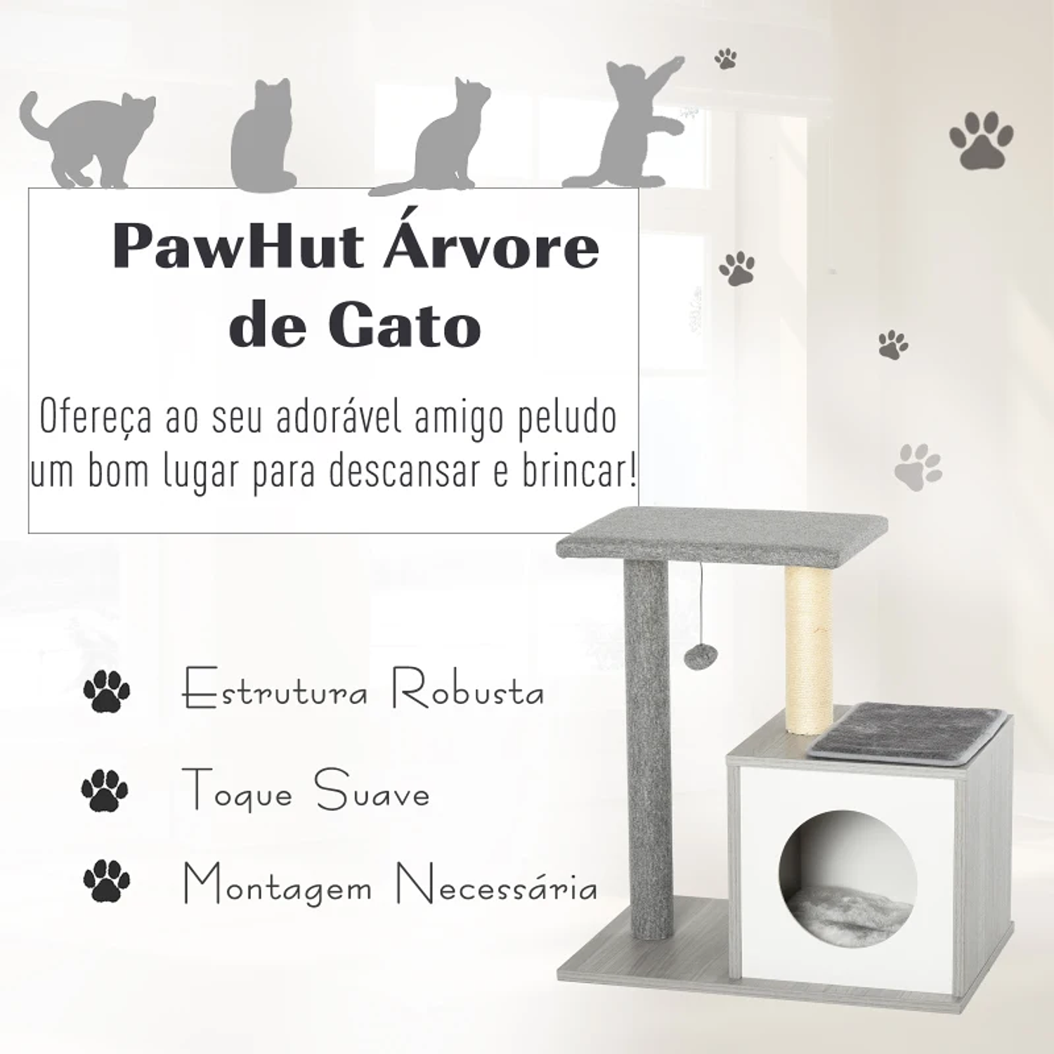 Árvore para gatos de 3 níveis com plataformas postes para arranhar caverna espaçosa almofadas removíveis 59x39x62 cinza 3