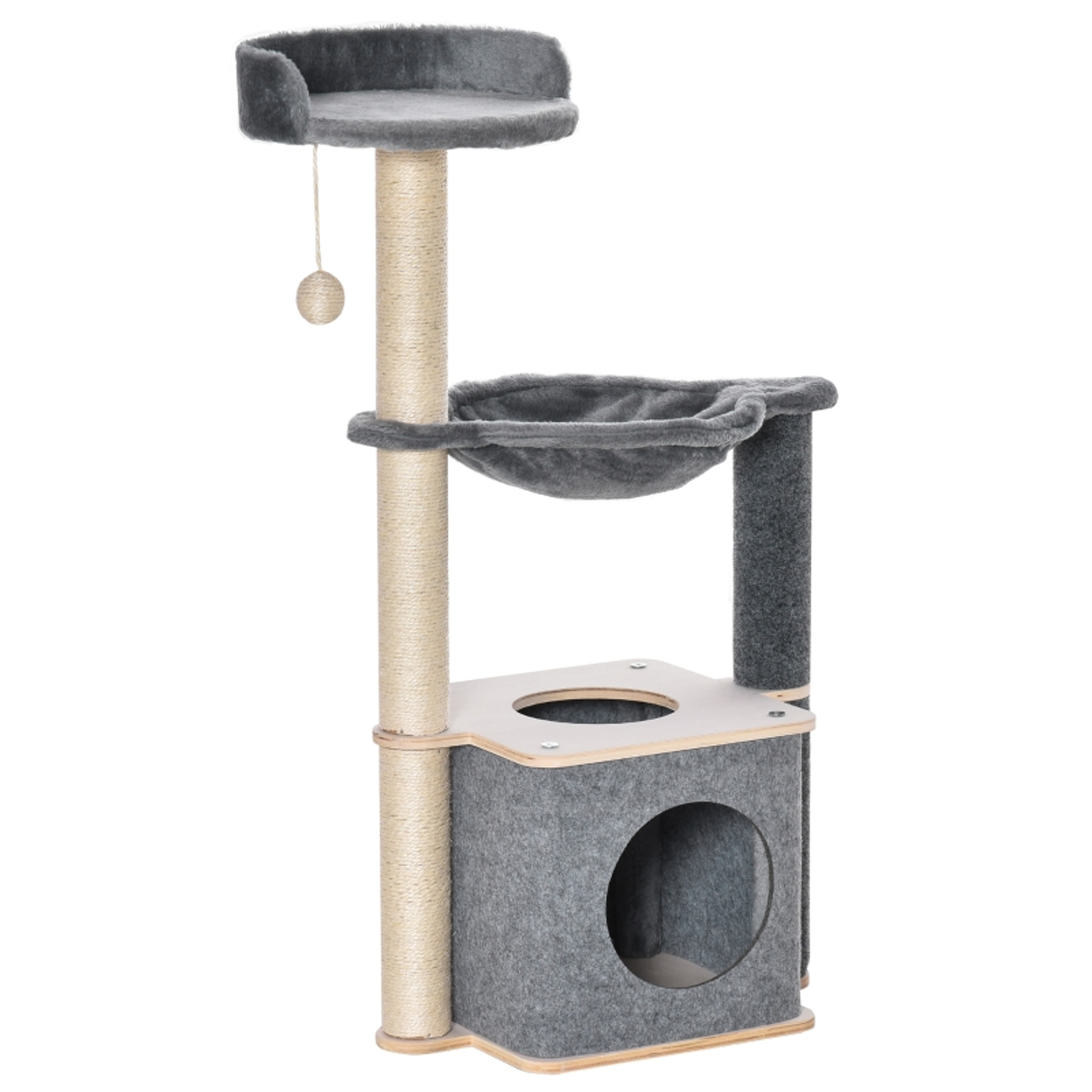 Árbol Rascador para Gatos Árbol para Escalar Jugar y Descansar con Hamaca Plataformas Bola Colgante para Cueva y Poste Rascador de Sisal 48x34x95cm Gris 1