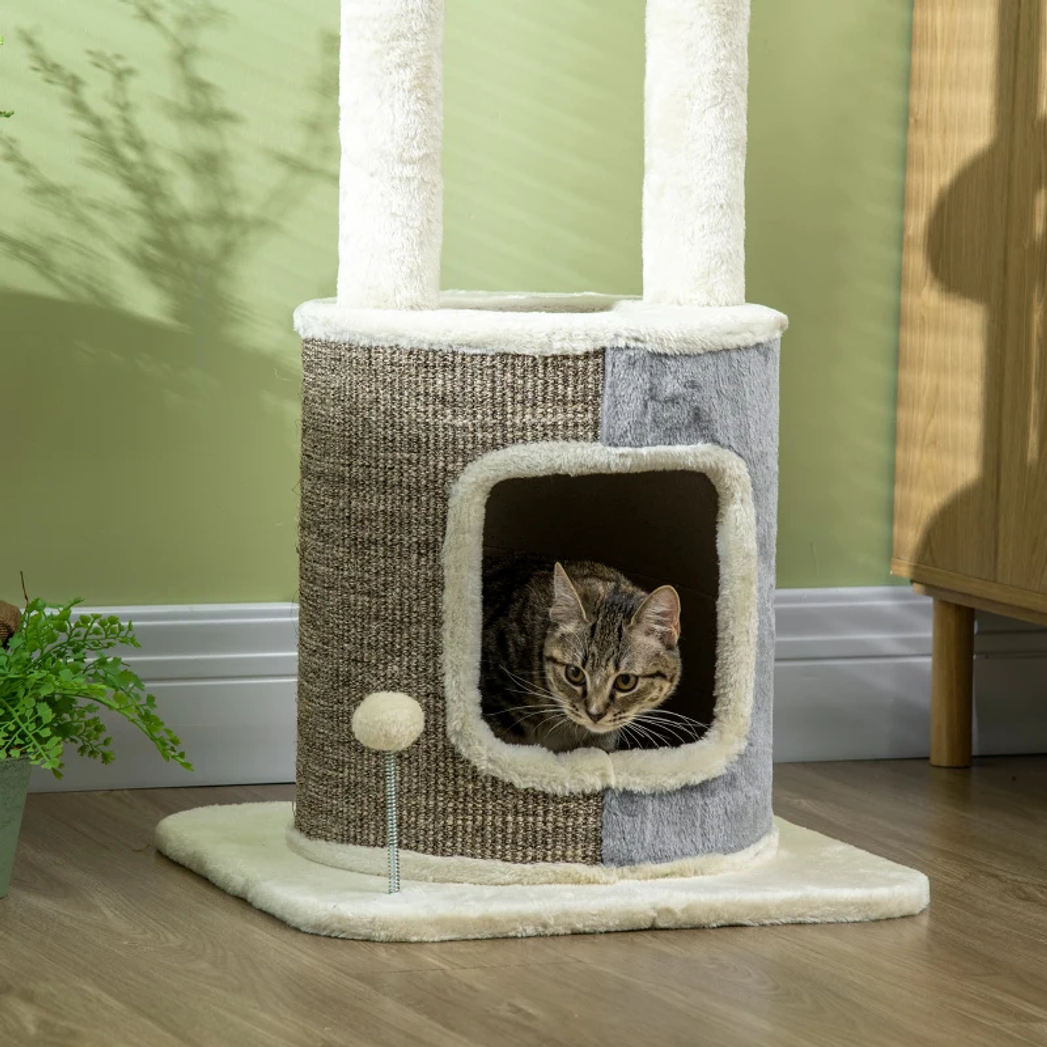 Árvore Arranhador para Gatos com Caverna de Pélucia Plataformas Postes de Sisal e Bolas para Brincar 48x48x110cm Creme e Cinza 9