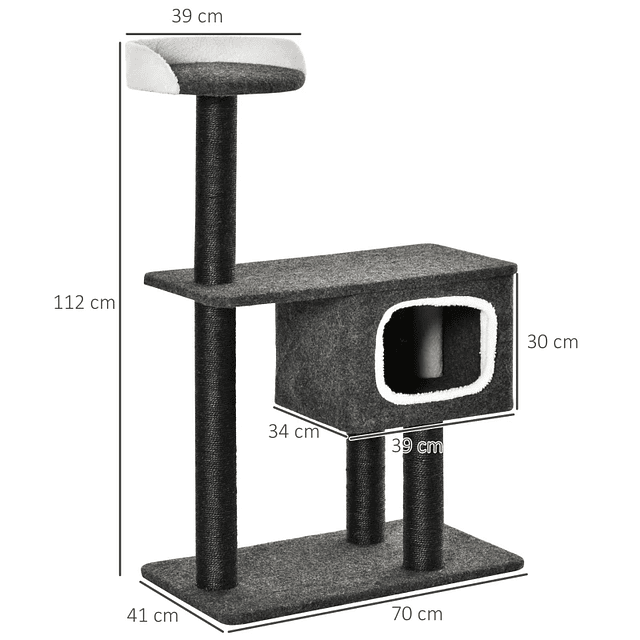 Árbol para gatos Torre de escalada para gatos con cueva Varias plataformas y postes para rascar Centro de actividades de sisal natural 70x41x112cm Gris oscuro