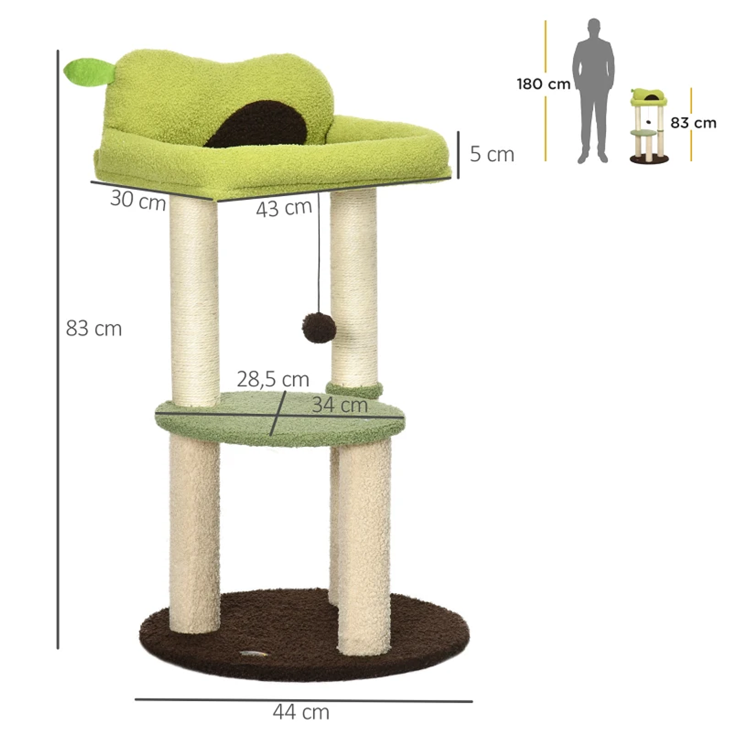 Árvore Arranhador para Gatos com Cama em Forma de Abacate Plataforma Postes de Sisal e Bola Suspensa Ø44x83cm Verde 2