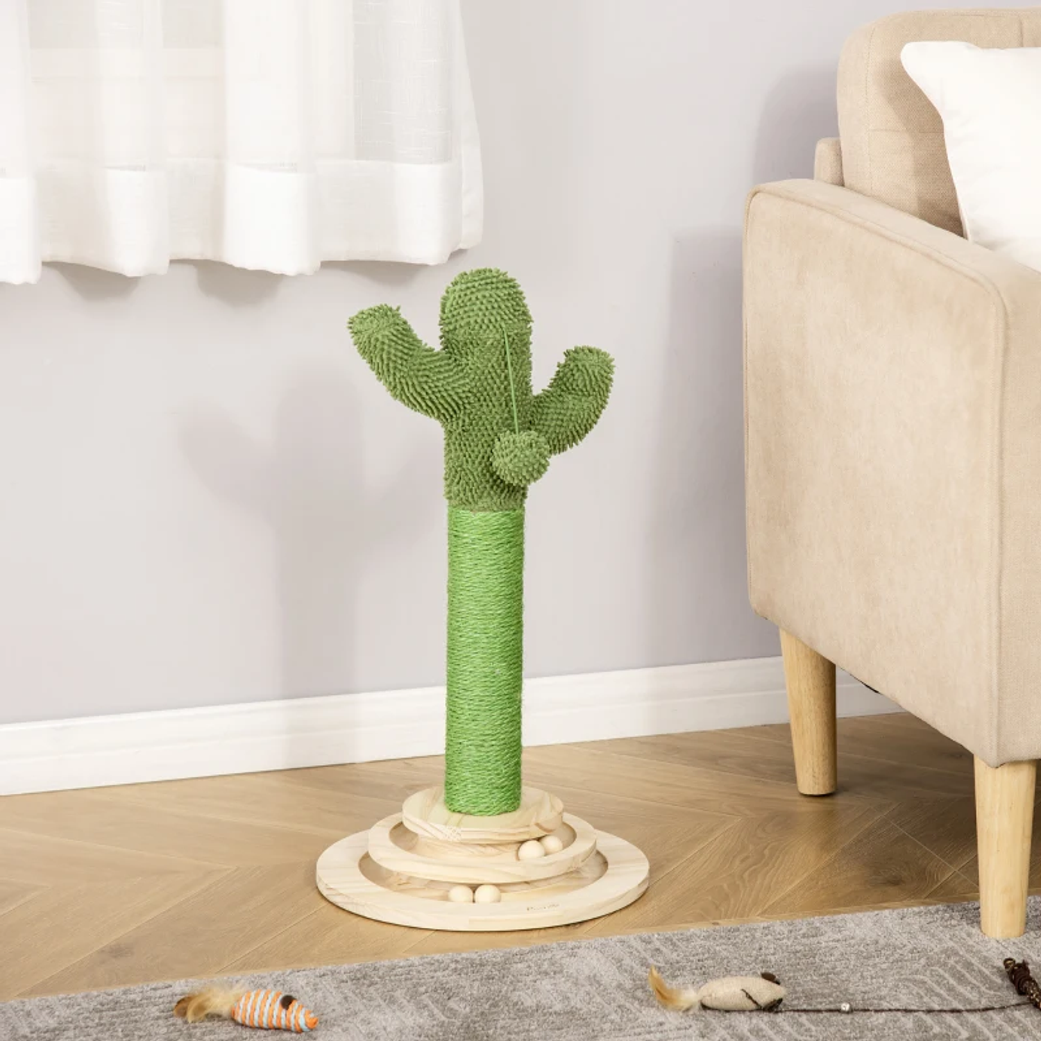 Poste Arranhador para Gatos em Forma de Cactus Pequena Árvore Arranhadora para Gatos com Poste de Sisal e Pelúcia Bola Suspensa e Base com Brinquedo de Madeira 32x32x60cm Verde 8