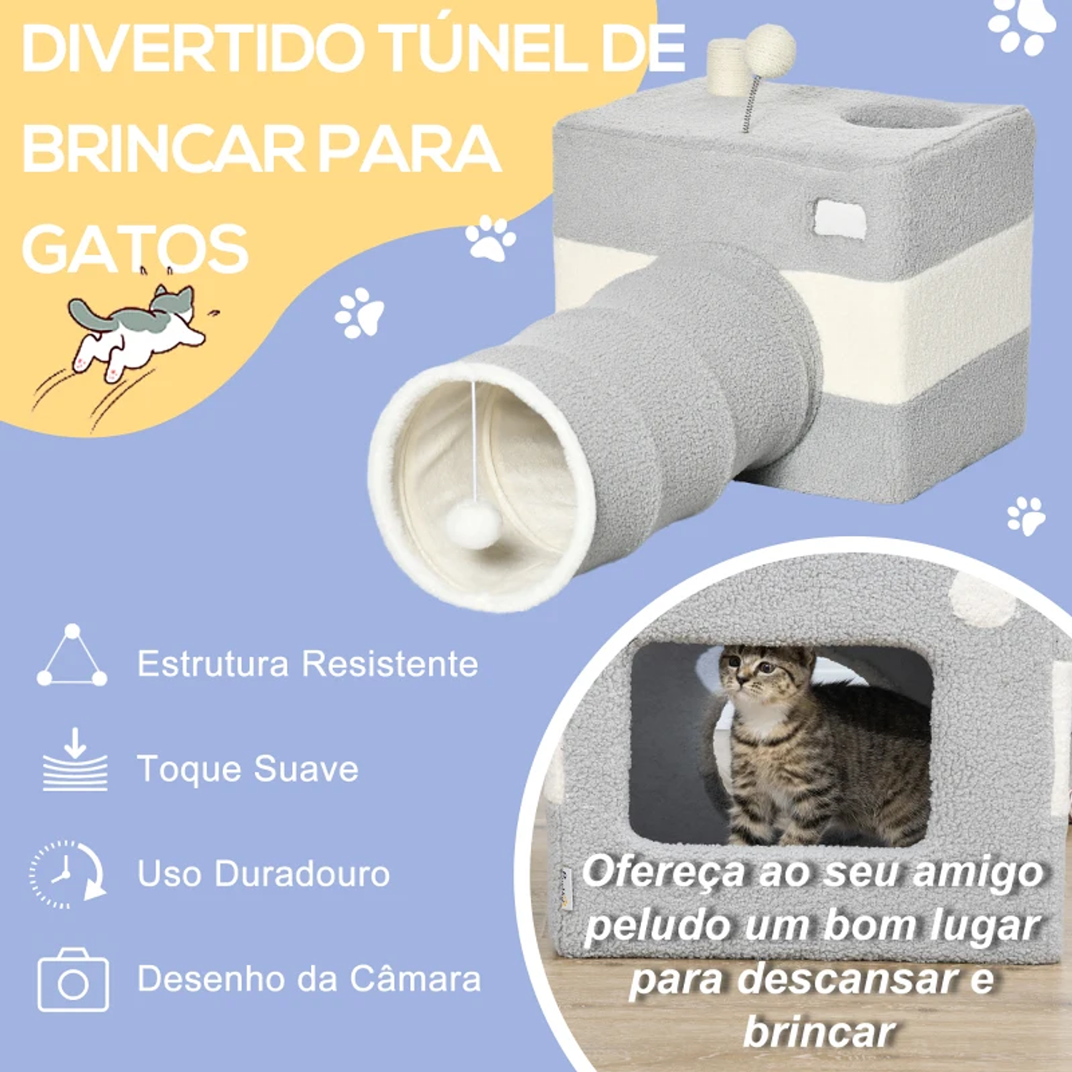 Túnel para Gatos com Caverna Túnel para Animais de Estimação com Orifício Superior e Bola Suspensa 48x95x58cm Cinza 3