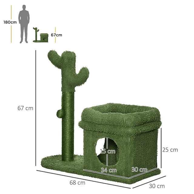 Árvore Arranhador para Gatos Desenho de Cacto com Cama Casa de Pelúcia Poste de Sisal e Bola Suspensa 68x30x67cm Verde