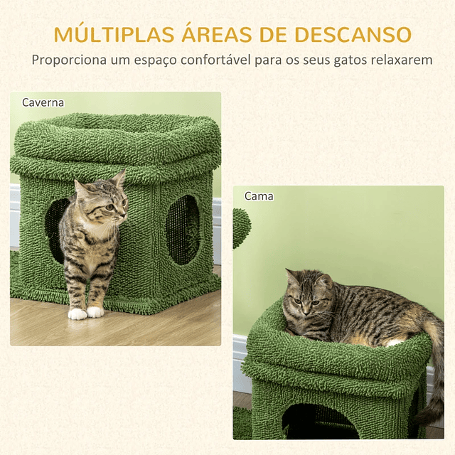 Árvore Arranhador para Gatos Desenho de Cacto com Cama Casa de Pelúcia Poste de Sisal e Bola Suspensa 68x30x67cm Verde