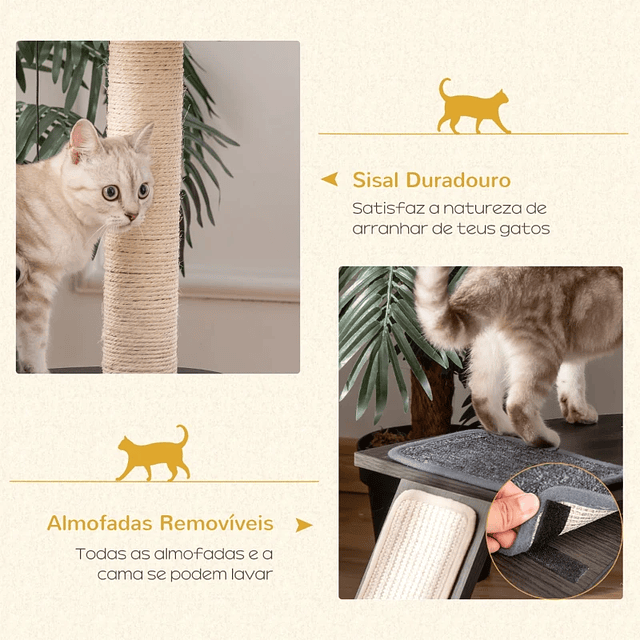 Árvore para Gatos com Múltiplas Plataformas Postes Arranhadores de Sisal Natural Cama Almofadas Removíveis com Placa Arranhadora e Bolo de Brinquedo 50x40x83,5cm Cinza