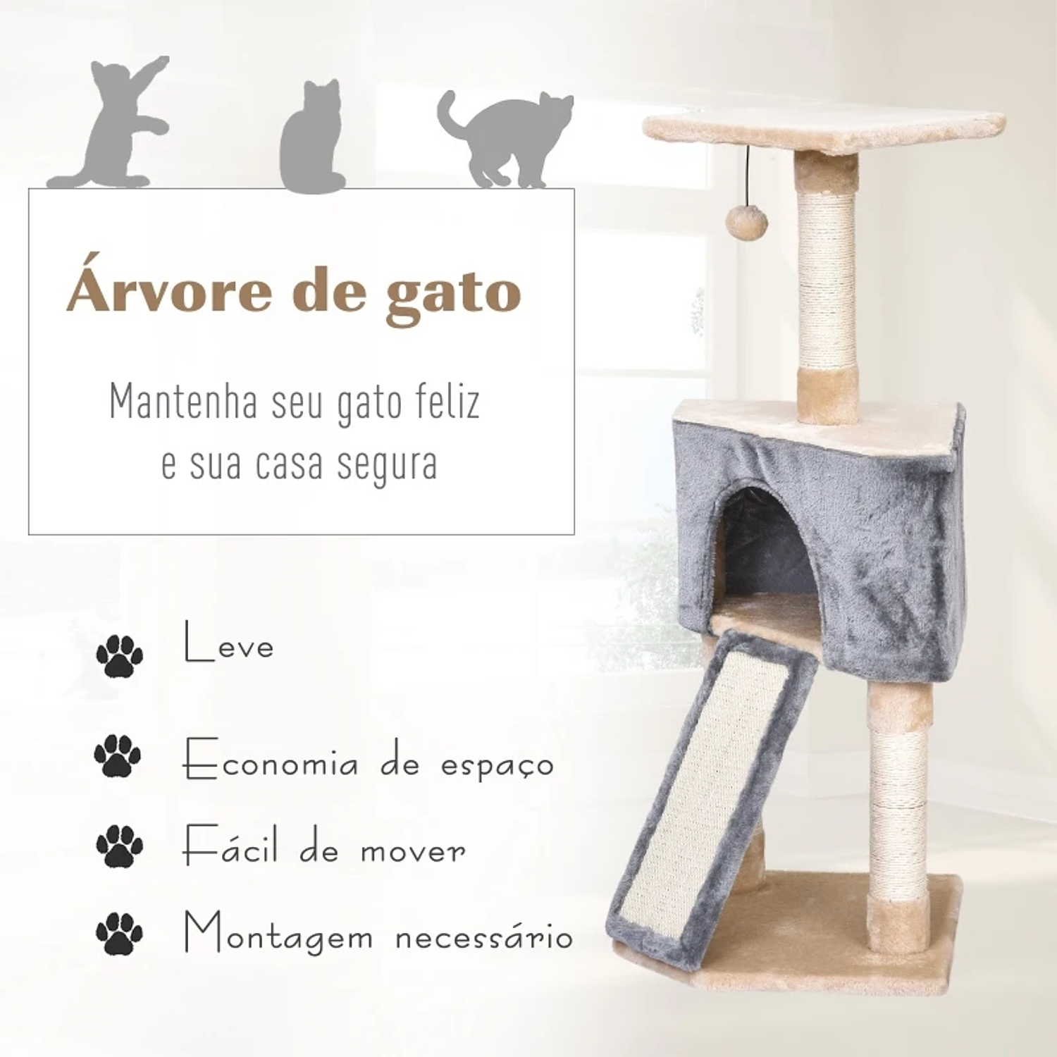 Árvore Raspador para Gatos Caverna Brinquedo Suspenso e Rampa 40x40x98 cm 4